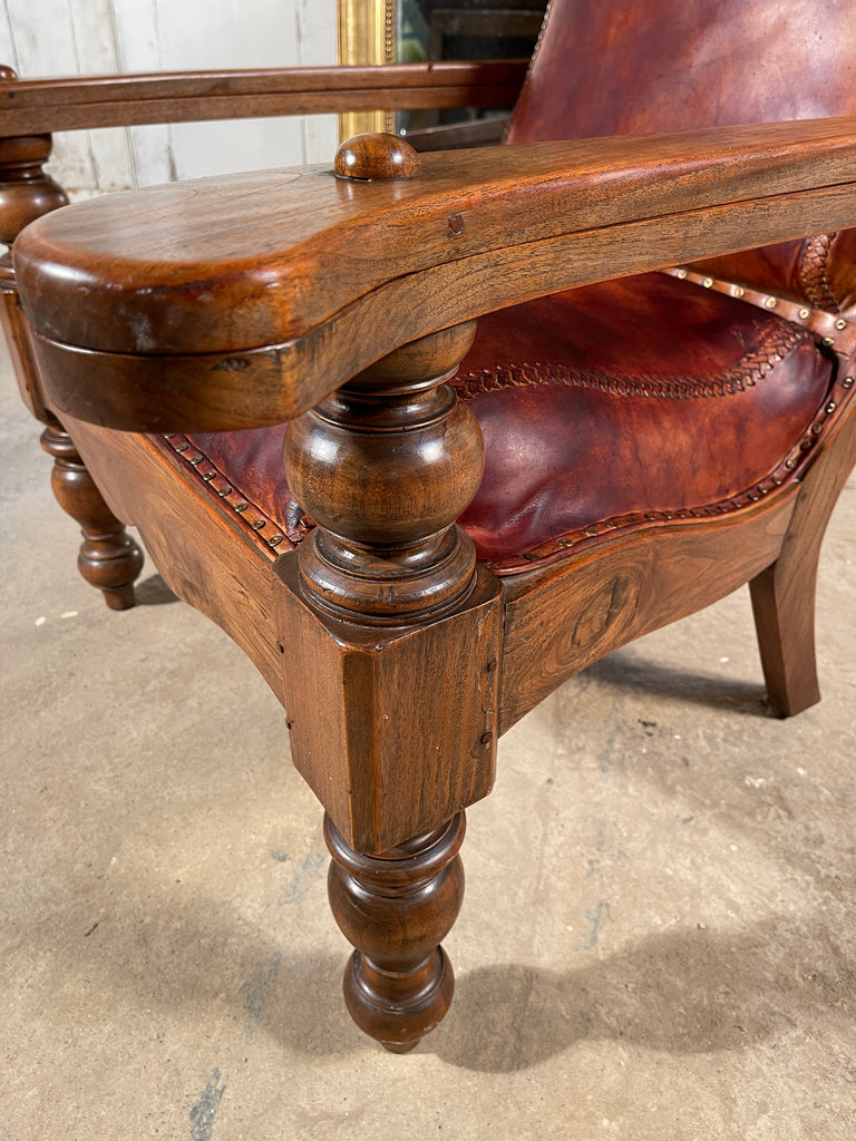 antique colonial teak & leather plantation chair circa 1890