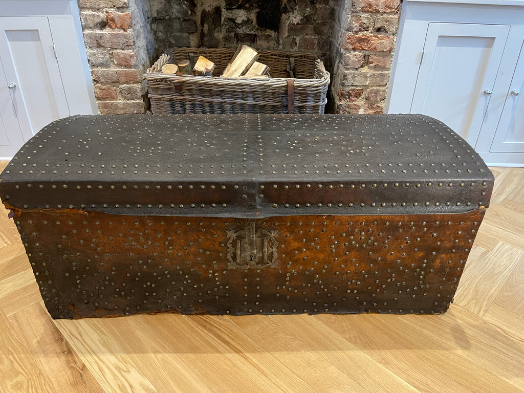 brass studded leather bound antique french chest trunk coffee table