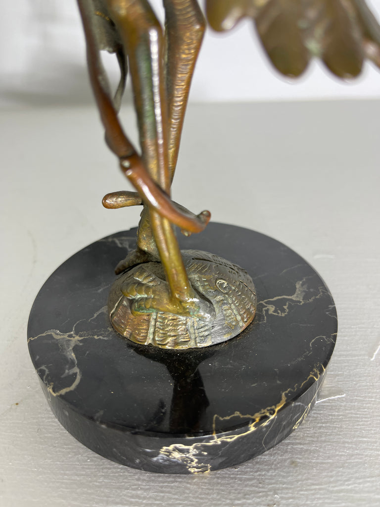 exceptional antique gilt bronze bronze sculpture of a crane sat atop a turtle on marble plinth circa 1890