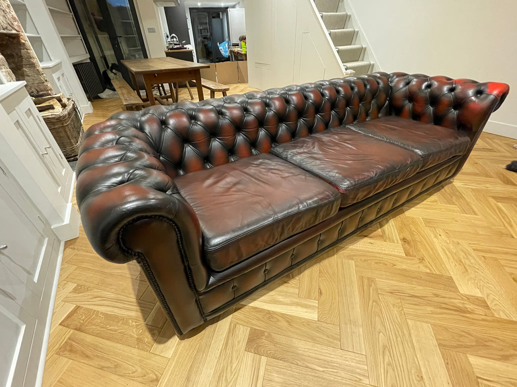 antique style hand dyed oxblood leather chesterfield 3/4 seater sofa