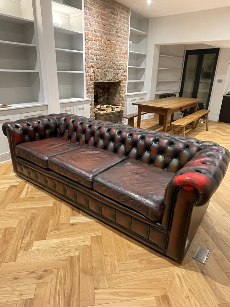 antique style hand dyed oxblood leather chesterfield 3/4 seater sofa