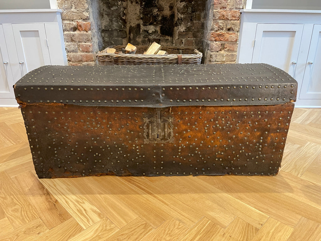 brass studded leather bound antique french chest trunk coffee table