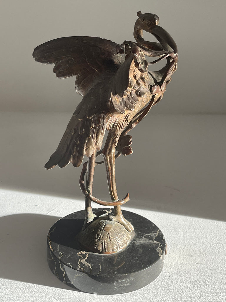 exceptional antique gilt bronze bronze sculpture of a crane sat atop a turtle on marble plinth circa 1890