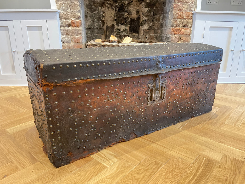 brass studded leather bound antique french chest trunk coffee table