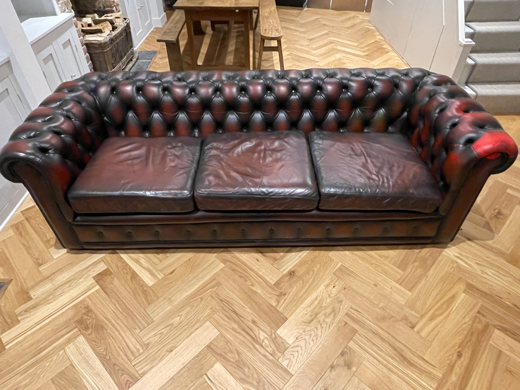 antique style hand dyed oxblood leather chesterfield 3/4 seater sofa