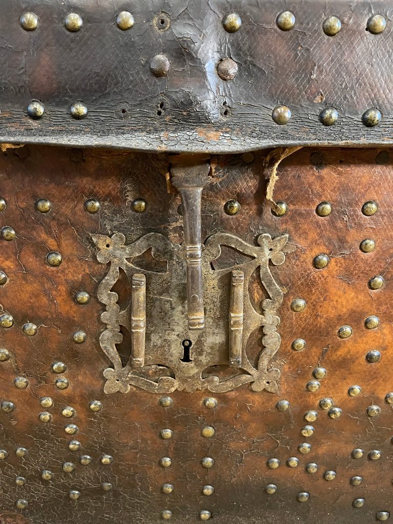 brass studded leather bound antique french chest trunk coffee table