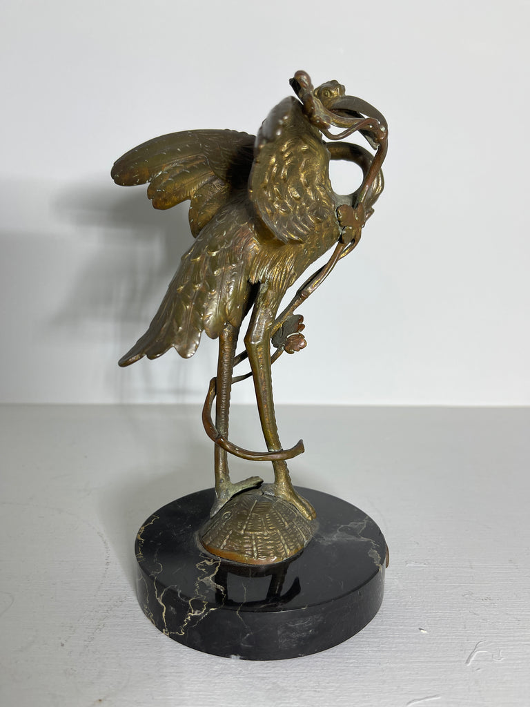 exceptional antique gilt bronze bronze sculpture of a crane sat atop a turtle on marble plinth circa 1890