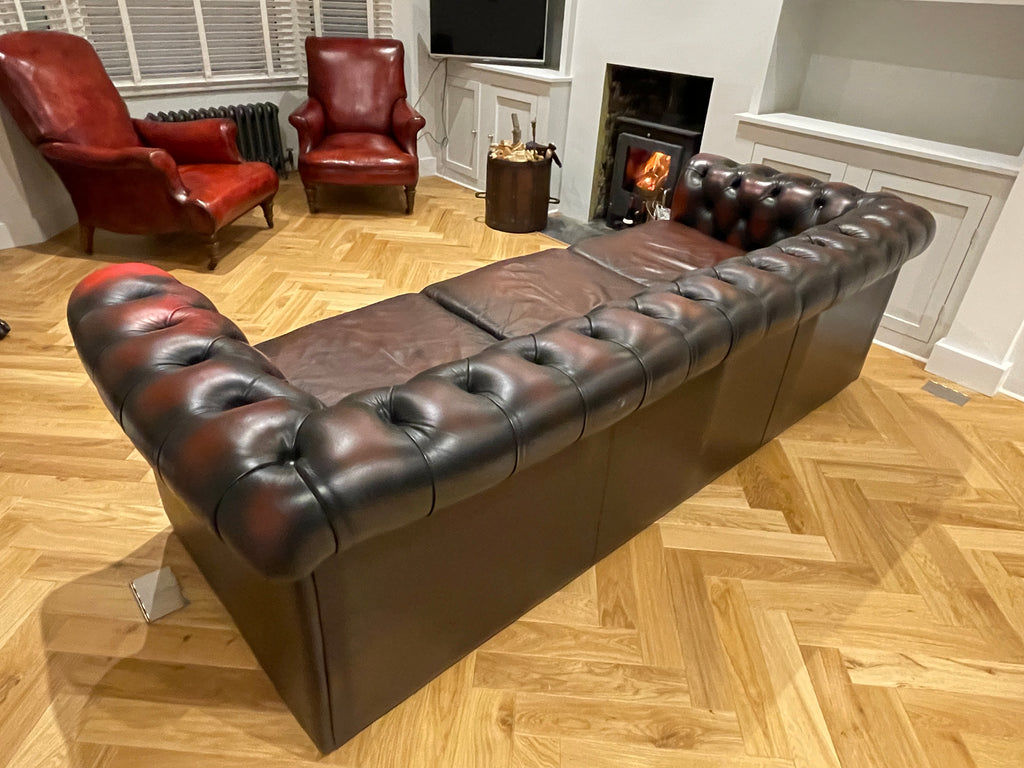 antique style hand dyed oxblood leather chesterfield 3/4 seater sofa