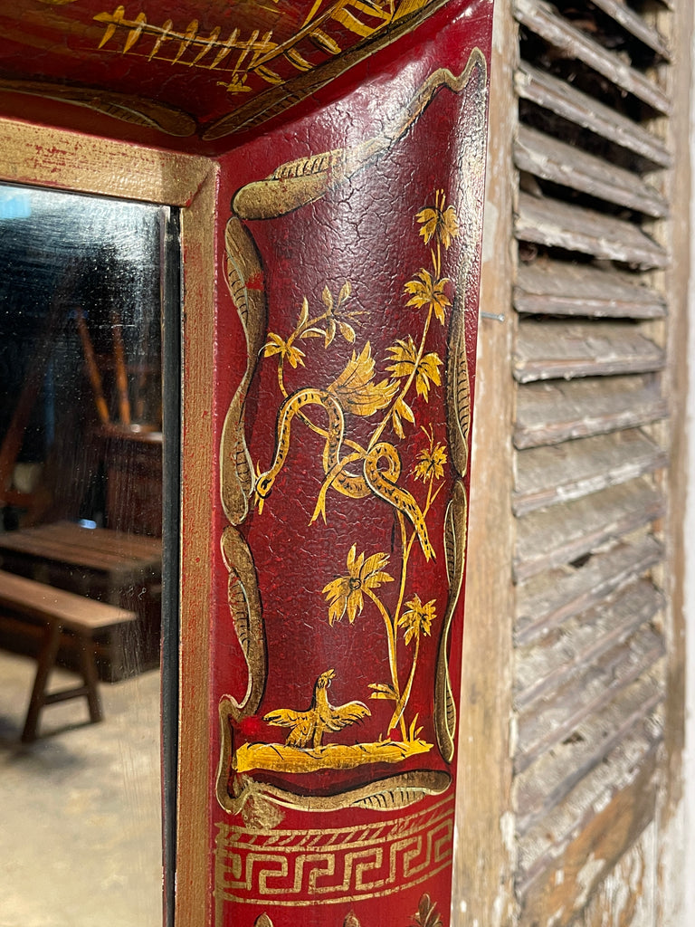 beautiful gilt painted red lacquered chinoiserie toleware georgian pier mirror fabulous patination /oxidation to paintwork