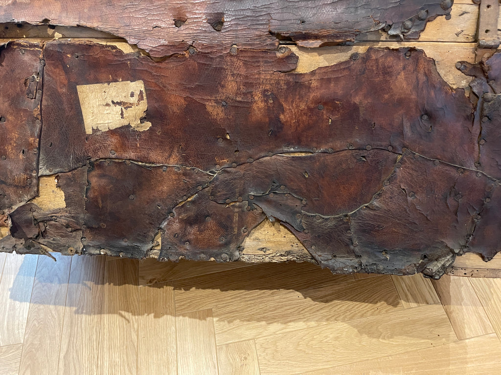 brass studded leather bound antique french chest trunk coffee table