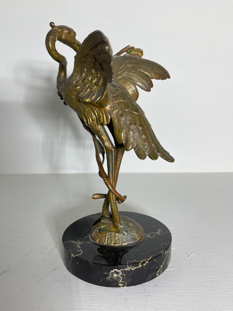 exceptional antique gilt bronze bronze sculpture of a crane sat atop a turtle on marble plinth circa 1890