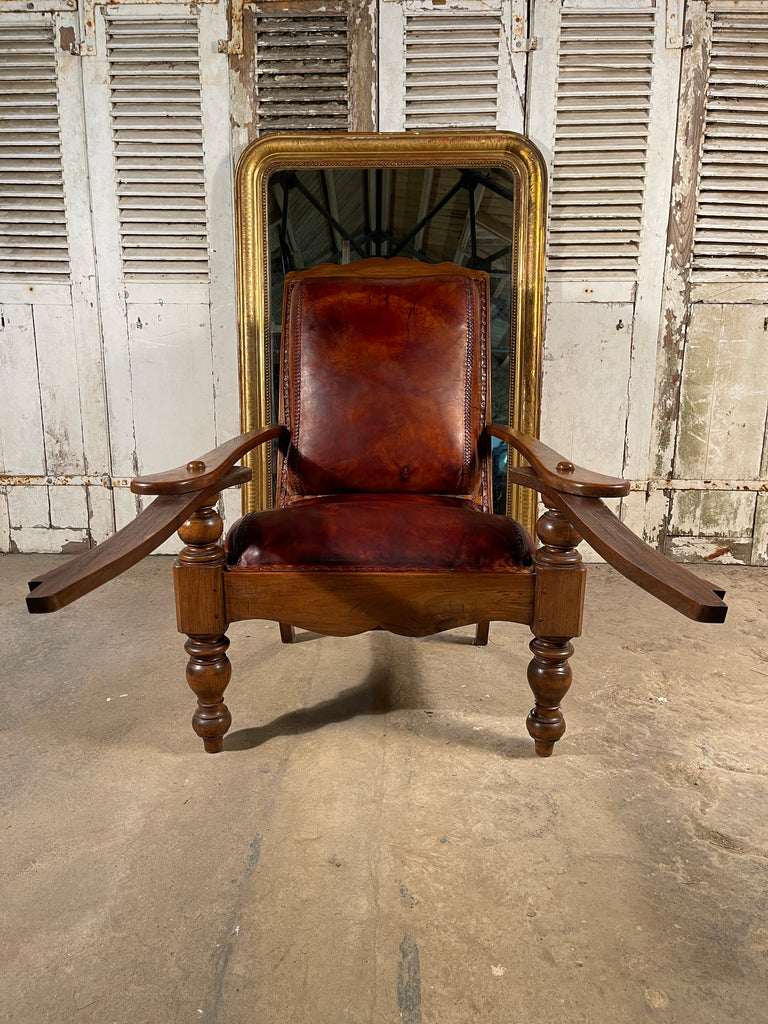 antique colonial teak & leather plantation chair circa 1890