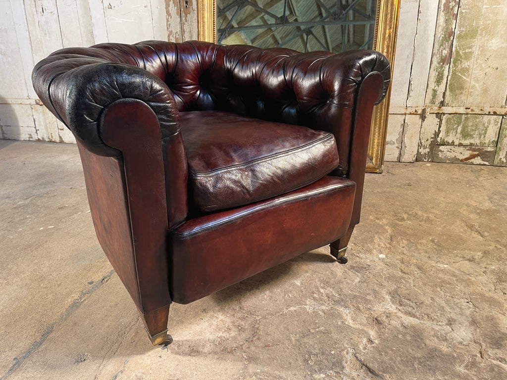 antique english leather chesterfield club armchair