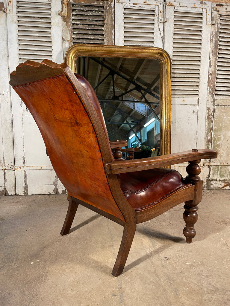 antique colonial teak & leather plantation chair circa 1890