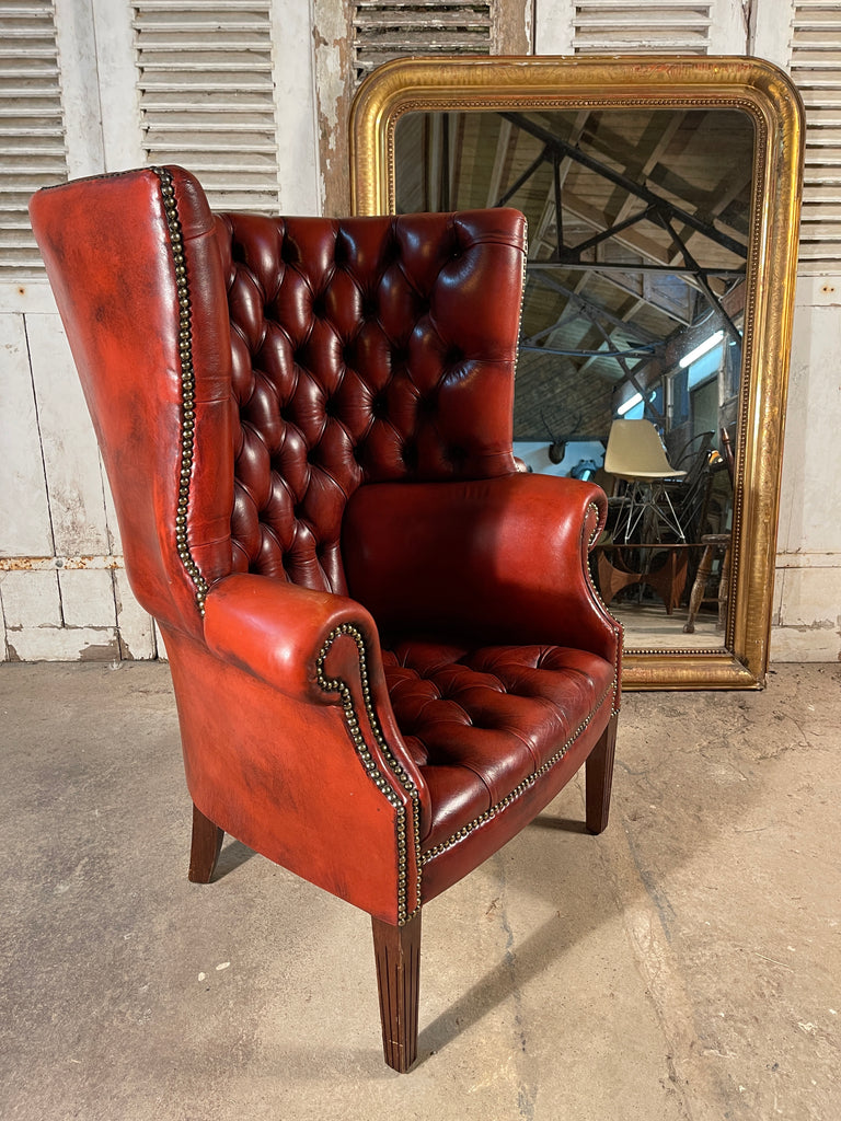 an exceptional antique barrel back porters leather library/fireside arm chair club chair