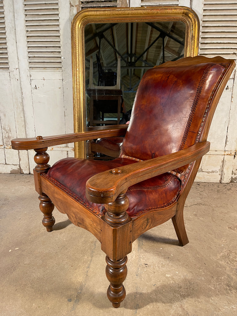 antique colonial teak & leather plantation chair circa 1890
