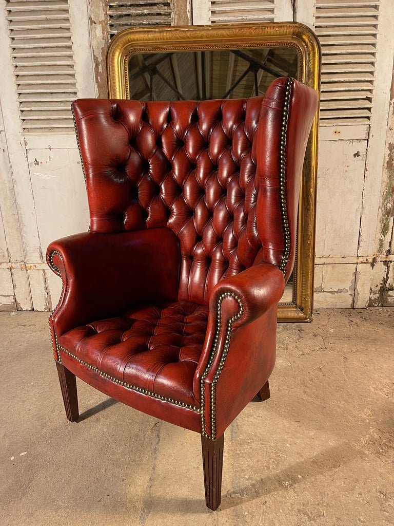 an exceptional antique barrel back porters leather library/fireside arm chair club chair