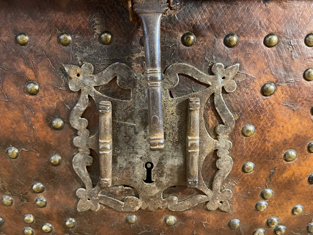 brass studded leather bound antique french chest trunk coffee table