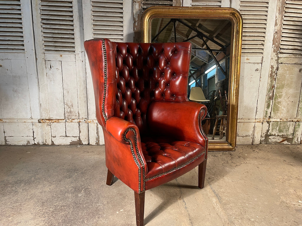 an exceptional antique barrel back porters leather library/fireside arm chair club chair