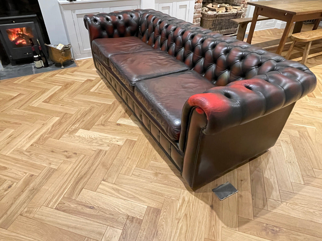 antique style hand dyed oxblood leather chesterfield 3/4 seater sofa