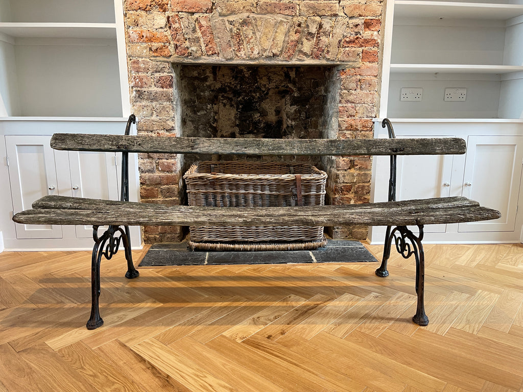 antique french arras style cast iron oak vineyard garden bench seat