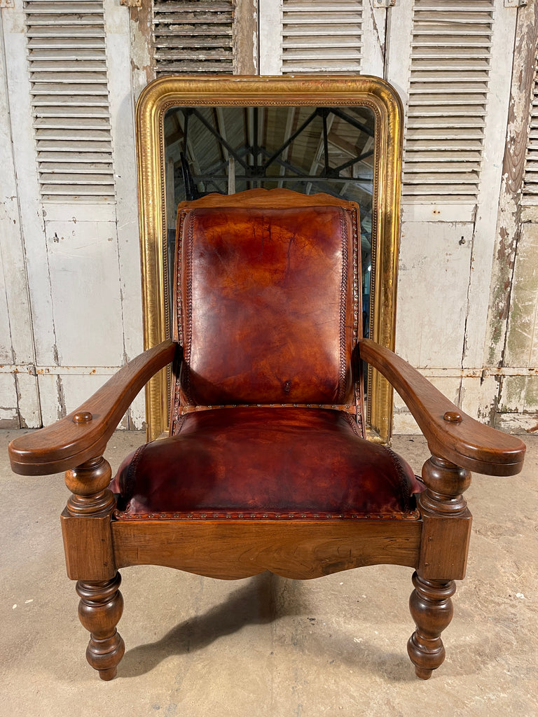 antique colonial teak & leather plantation chair circa 1890