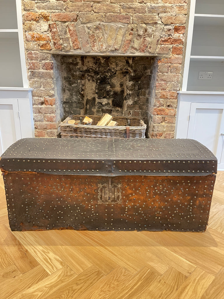 brass studded leather bound antique french chest trunk coffee table
