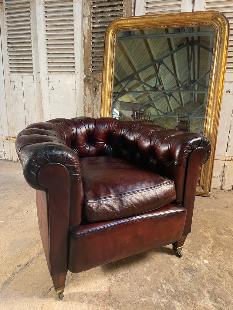 antique english leather chesterfield club armchair