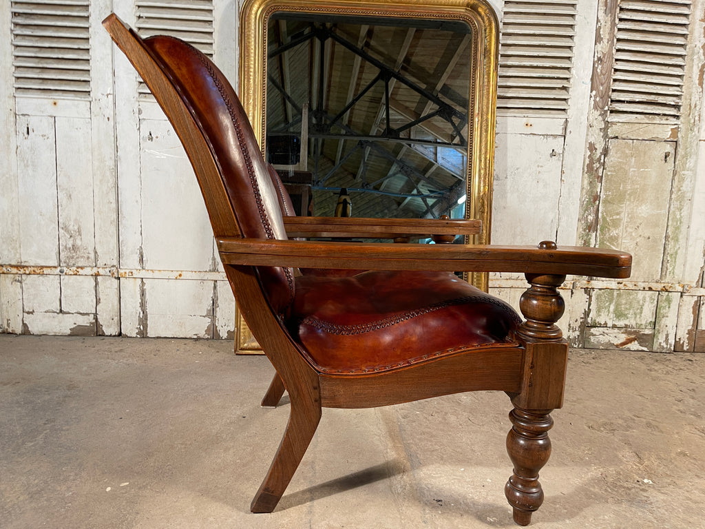 antique colonial teak & leather plantation chair circa 1890