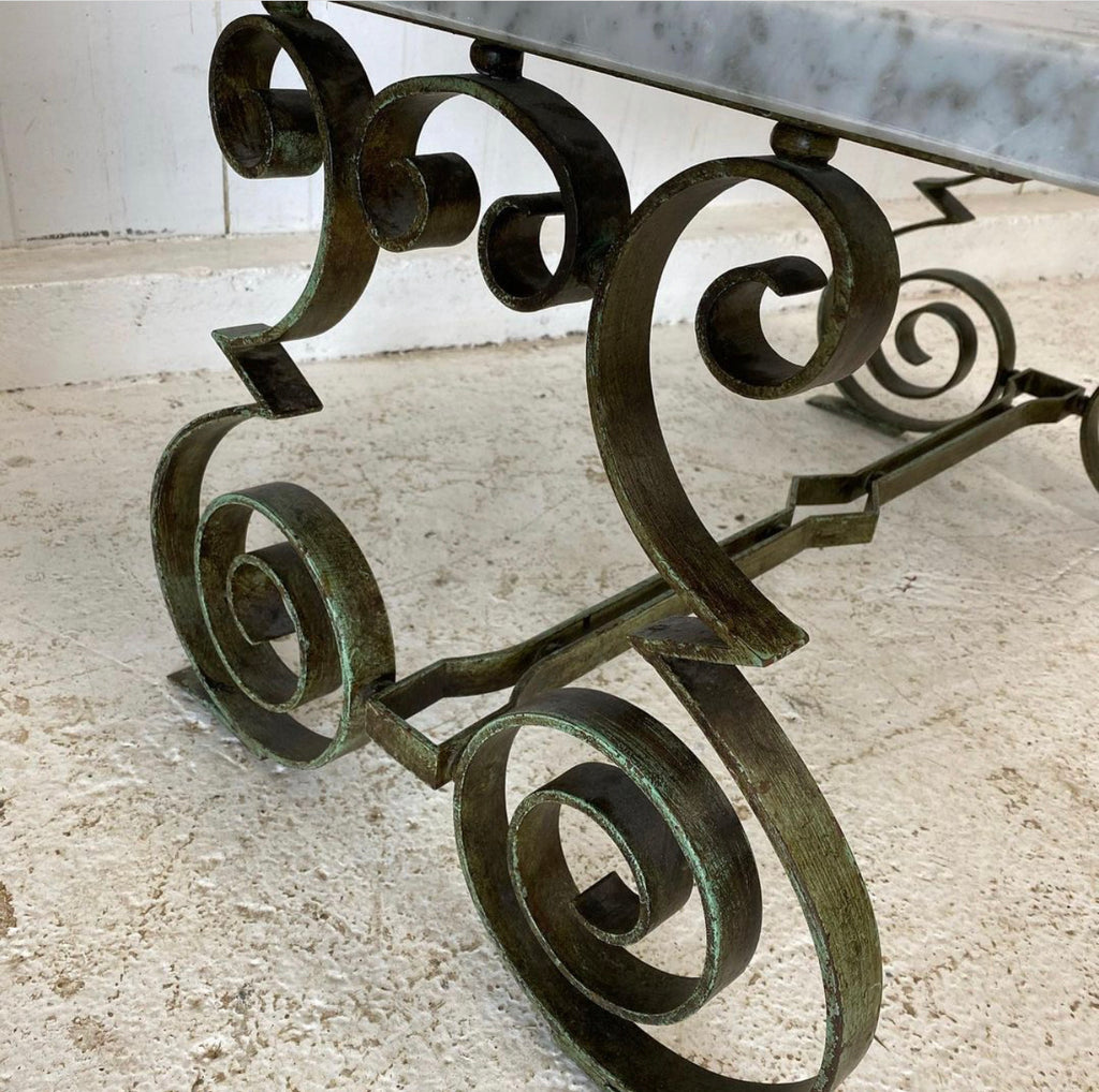 french midcentury hollywood regency marble verdigris wrought iron table