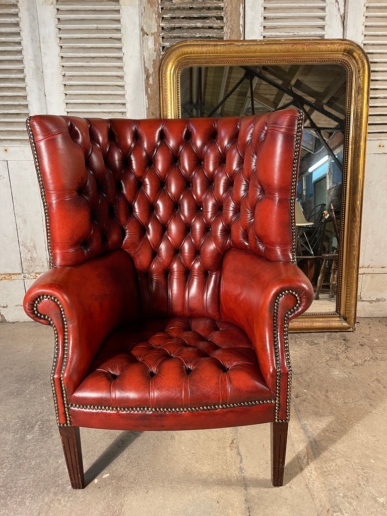 an exceptional antique barrel back porters leather library/fireside arm chair club chair