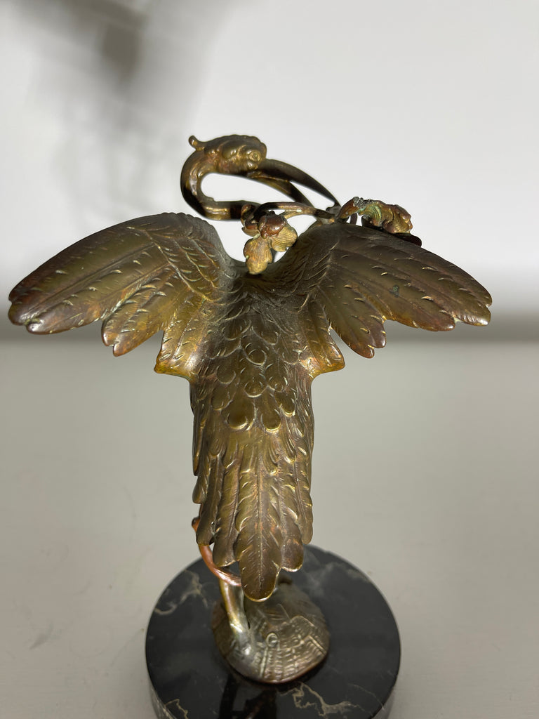 exceptional antique gilt bronze bronze sculpture of a crane sat atop a turtle on marble plinth circa 1890