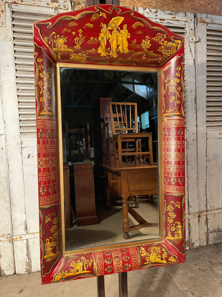 beautiful gilt painted red lacquered chinoiserie toleware georgian pier mirror fabulous patination /oxidation to paintwork