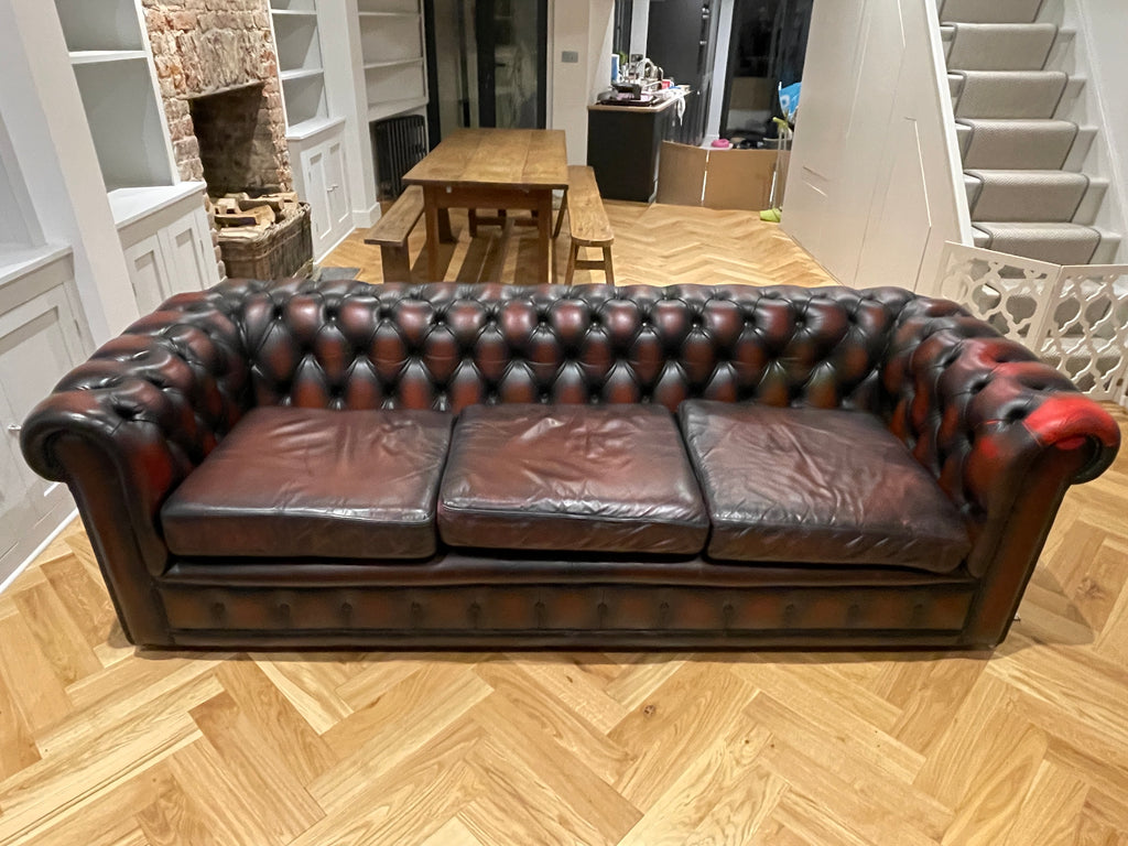 antique style hand dyed oxblood leather chesterfield 3/4 seater sofa