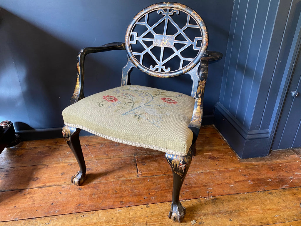 a beautiful gillows chippendale style chinoiserie open arm chair with needlework seat