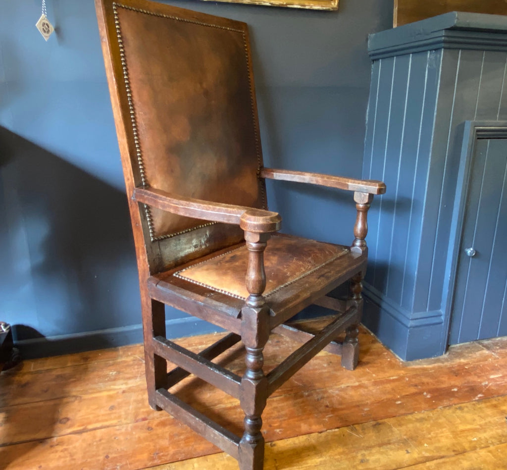 rare 17th century english oak chair circa 1650 later leather additions stunning example