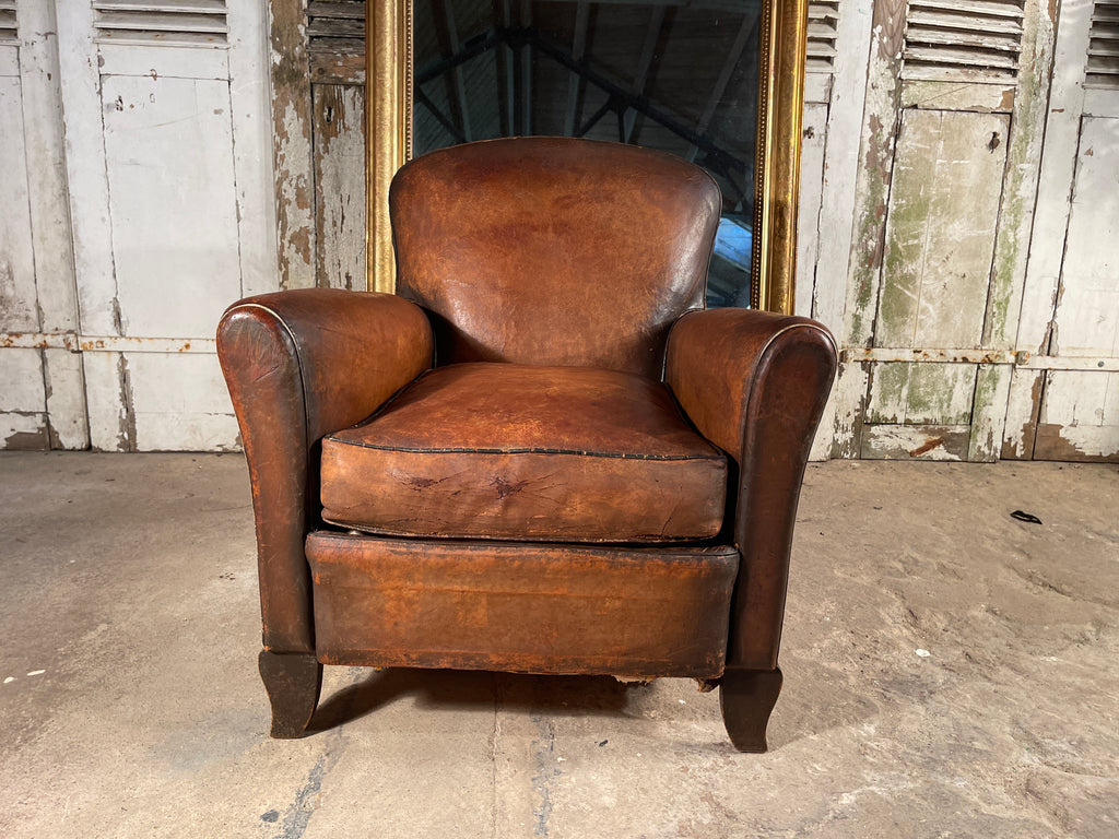 antique french conker leather studded club armchair
