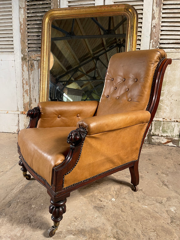 antique scottish mahogany leather library armchair with lions head carved arms