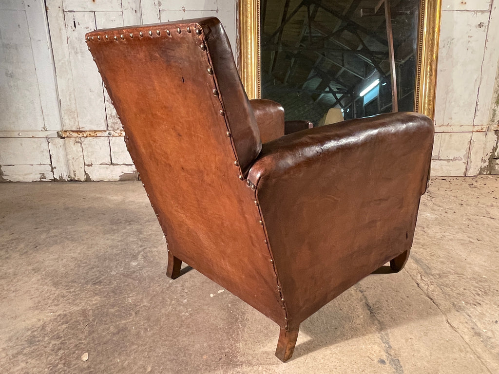 antique french  conker leather studded club armchair