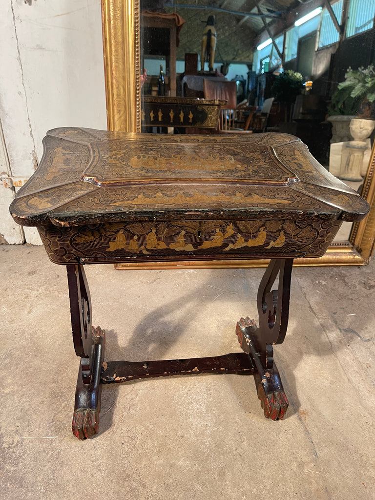 stunning antique regency ebonised chinoiserie ladies work/sewing stand box circa 1820