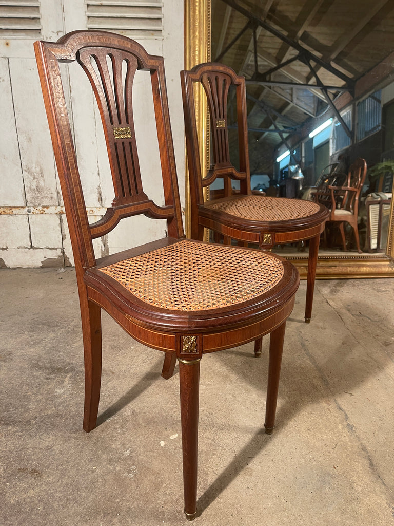 a pair of antique french empire mahogany satin wood inlay  louis xv cane show chairs