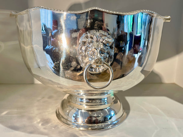 large antique silver centre piece lion head champagne ice bucket bowl stamped with sheffield hallmark circa 1910