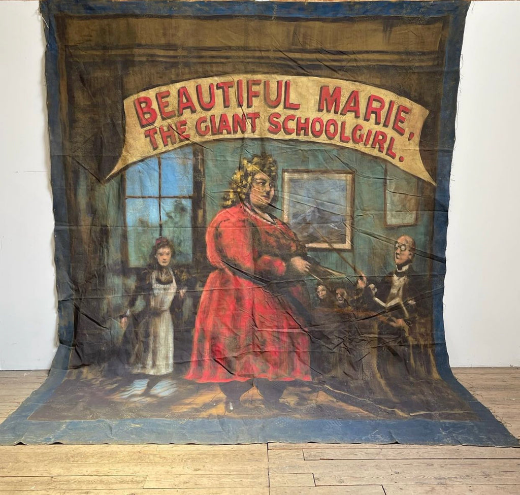 antique vintage fairground advertising painted canvas beautiful marie the giant school girl sideshow sign/signage attraction circa 1890