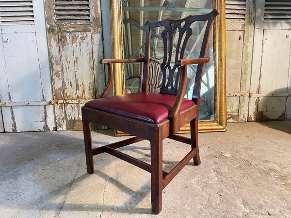 antique early chippendale mahogany leather elbow chair