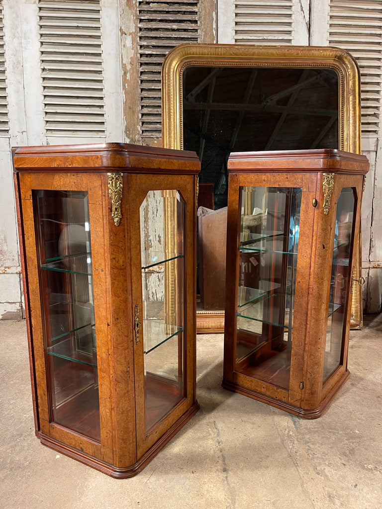 a pair of antique victorian haberdashery/shop display mirrored collectors cabinets exceptional quality in burl walnut circa 1890