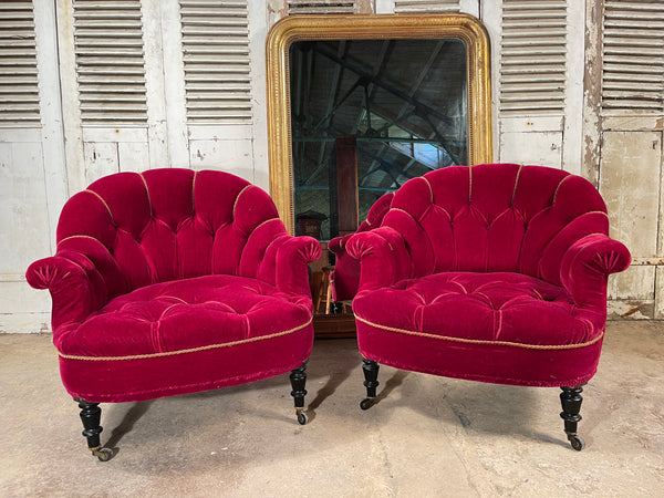 rare model early pair of napoleon iii antique button back scroll armchairs in lush red/burgandy velvet & gold braid circa 1850