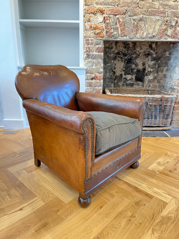 antique french cloud back conker leather studded club armchair