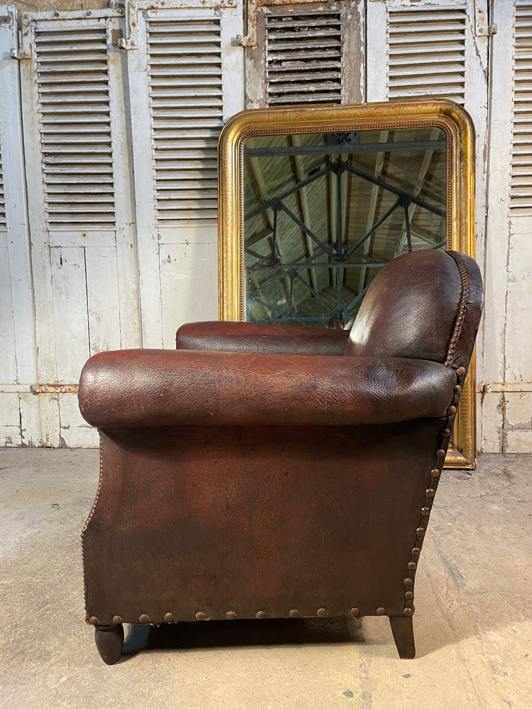 antique french conker leather studded club armchair circa 1900