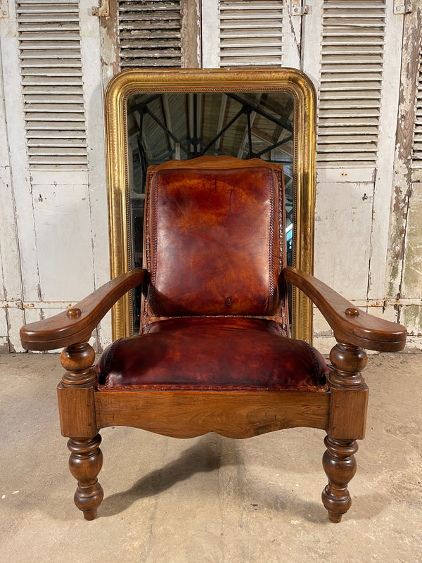 antique colonial teak & leather plantation chair circa 1890