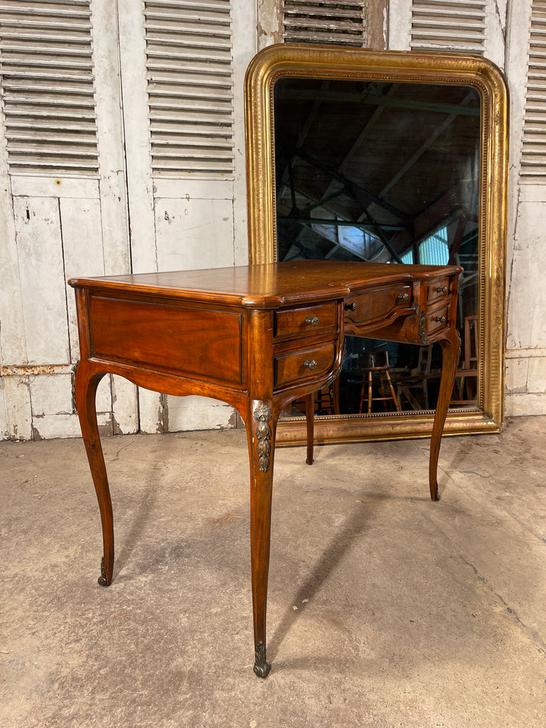 exceptional antique walnut  louis xv  french ladies writing desk with tooled leather insert ormolu mounts on swept legs